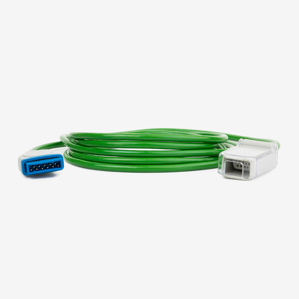 Green SpO2 Interface Cable coiled with white and blue connectors on white background