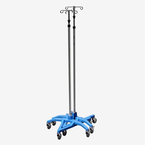 Angled view of two metal and blue SmartStack Patient Care I.V. Pole Stands stacked together on white background