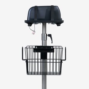 Upper half of SmartStack universal equipment stand showing an anonymous product on black tray being held on by straps and a metal basket attached to the silver pole on a white background