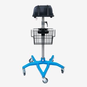 SmartStack Universal Equipment stand with blue bottom, metal pole, black equipment stand strapping in an anonymous product, and a black metal basket in the center of the pole on white background