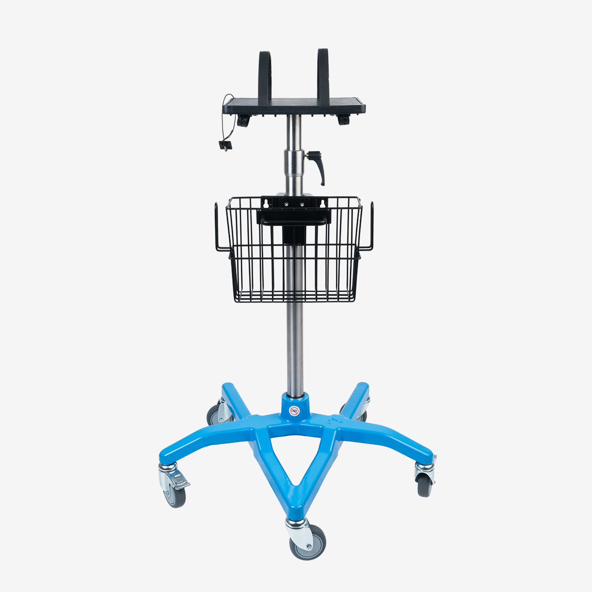 SmartStack Universal Equipment stand with blue base, metal pole, black equipment stand tray with black straps, and a black metal basket on white background