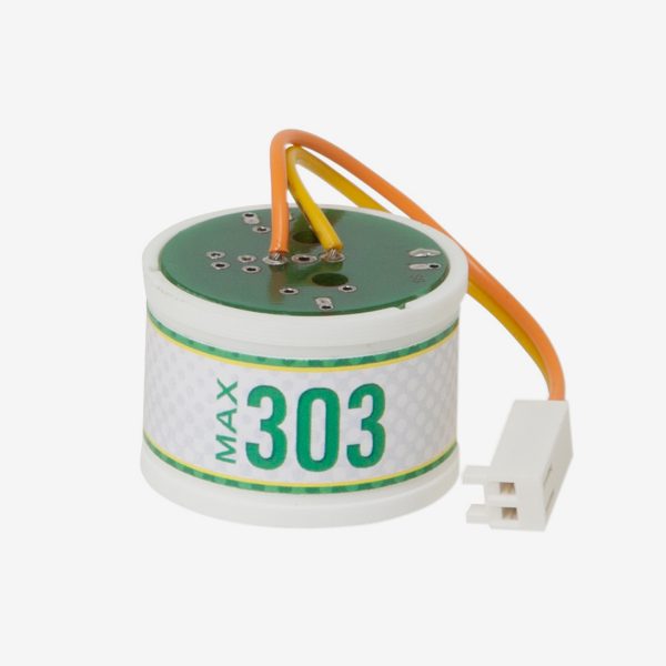 White and green cylindrical Max-303 scuba sensor with orange wires on white background