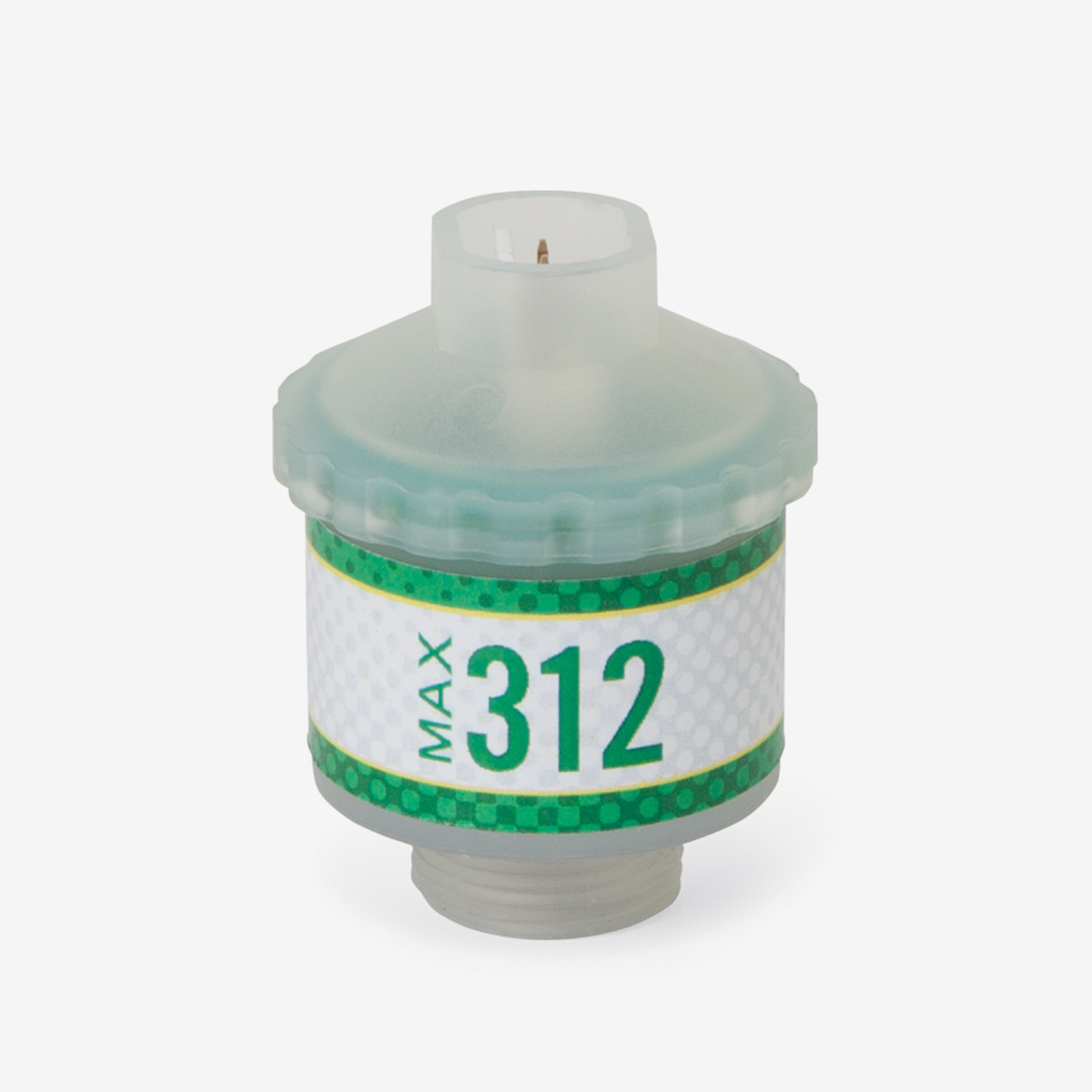 Translucent and green Max-312 scuba sensor on white background