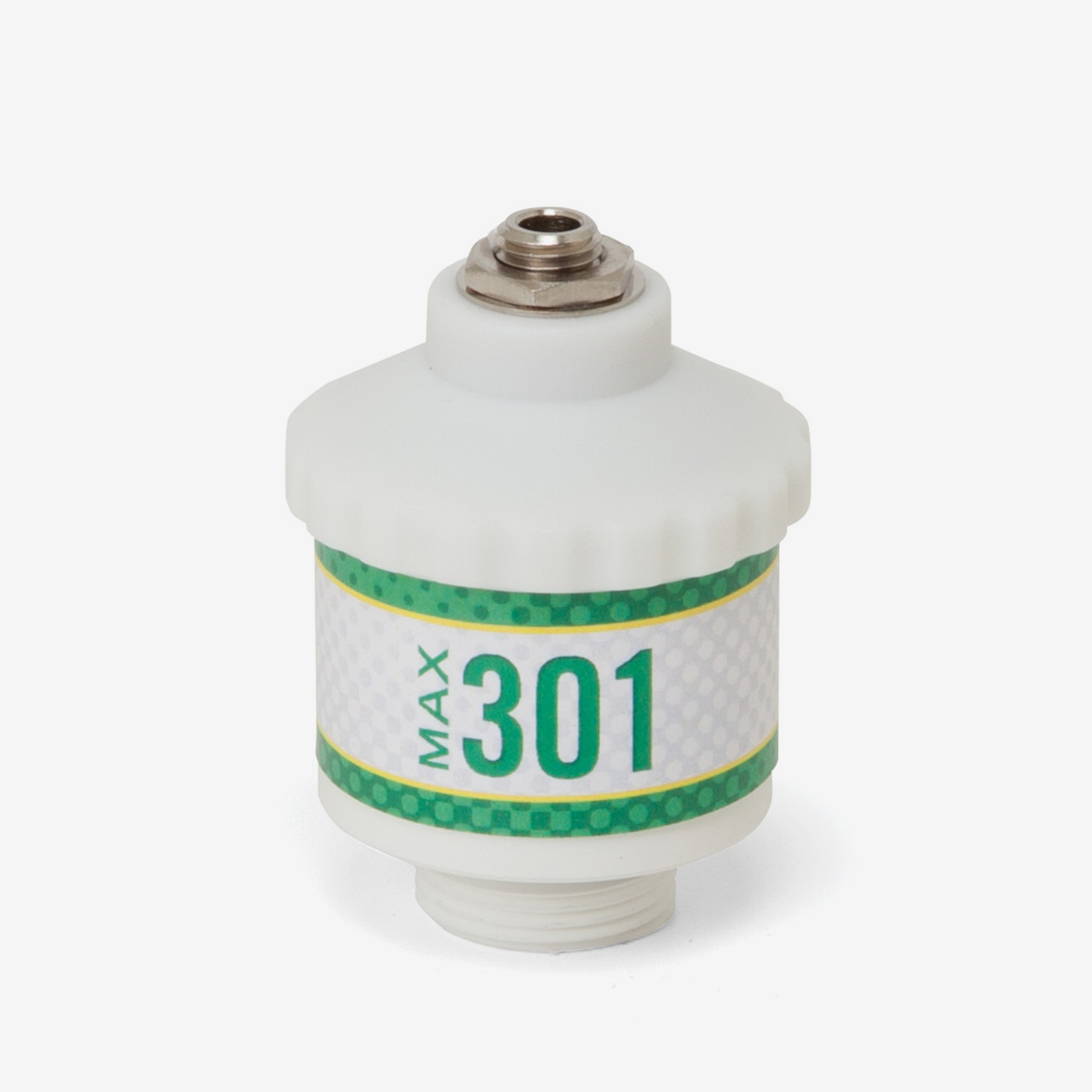 White and green cylindrical Max-301 scuba sensor on white background