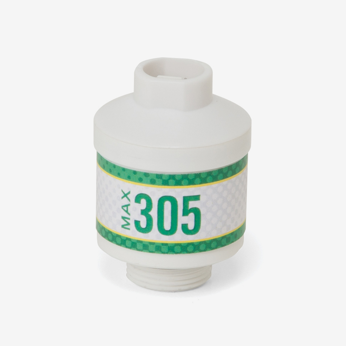 White and green cylindrical Max-305 scuba sensor on white background