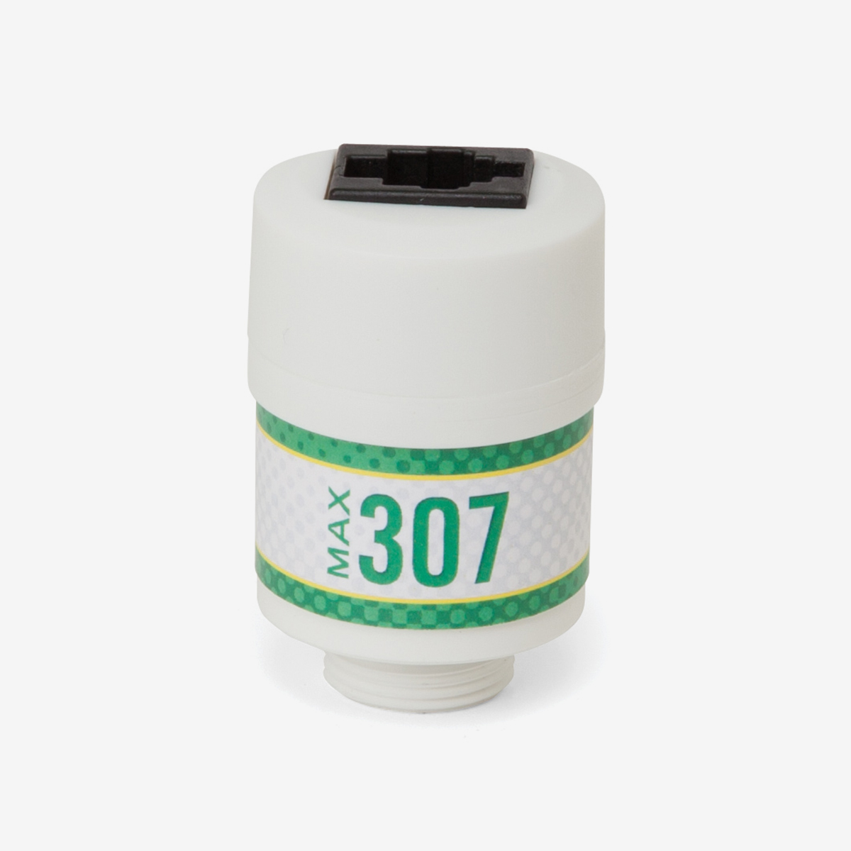 White and green cylindrical Max-307 scuba sensor with black outlet on top on white background
