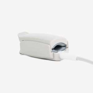 Angled view of grey plastic SpO2 finger clip with gray internal padding on white background