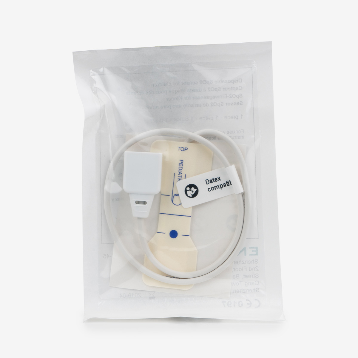 Pediatric Datex Disposable Probe Front in bag on white background