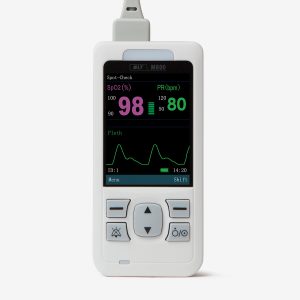 Front of white and grey M800 handheld pulse oximeter on white background
