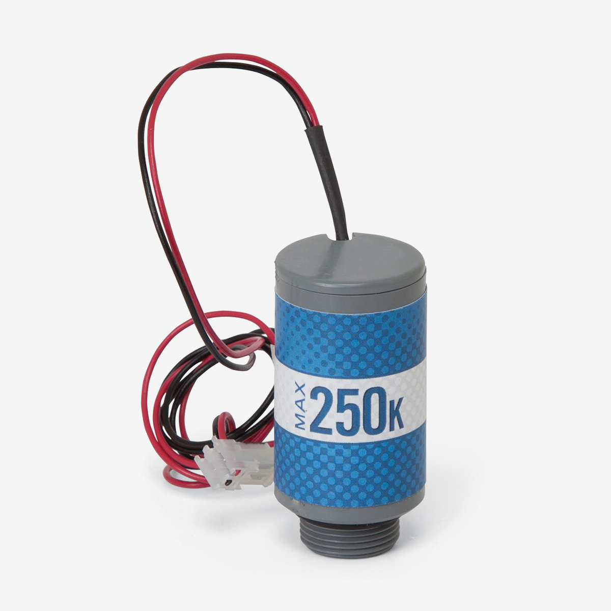 Blue and grey cylindrical Max-250k oxygen sensor with panduit connector on white background