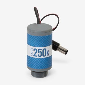 Blue and grey cylindrical Max-250m oxygen sensor with male dc power port on white background