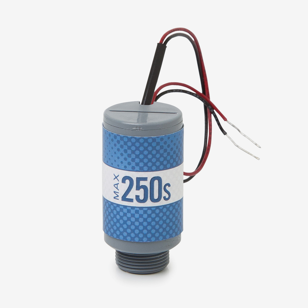Blue and grey cylindrical Max-250s oxygen sensor on white background