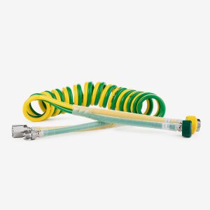 Green and yellow dual coiled air and oxygen medical hose on white background