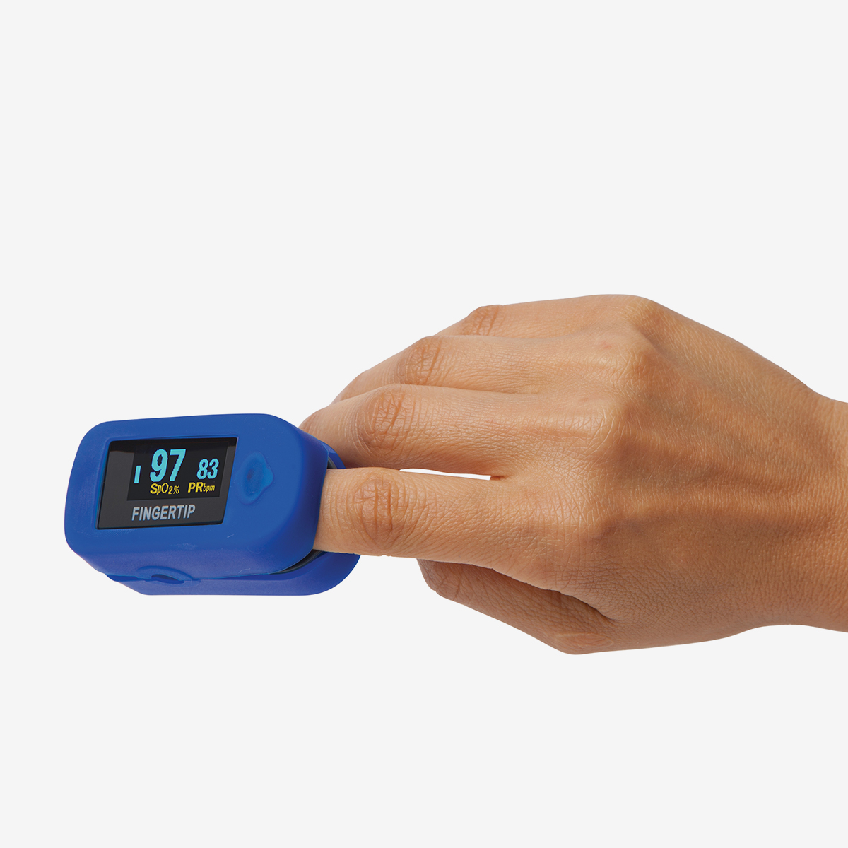 Hand using a blue MD300 C2 Pulse oximeter on white background
