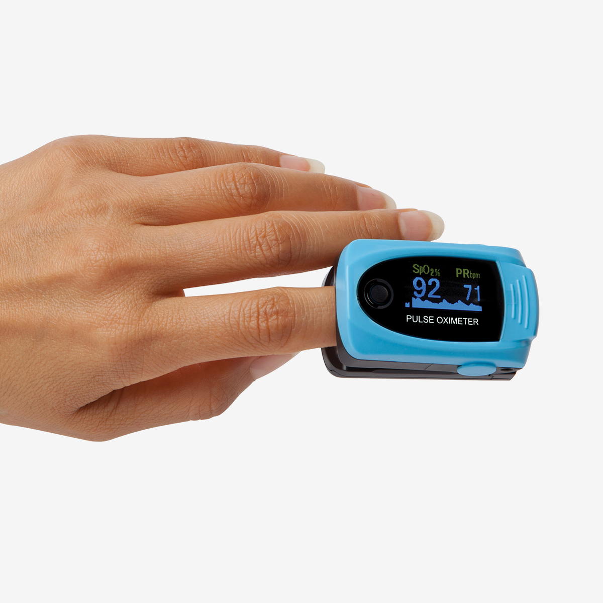 Hand using a MD300 C63 pulse oximeter on white background