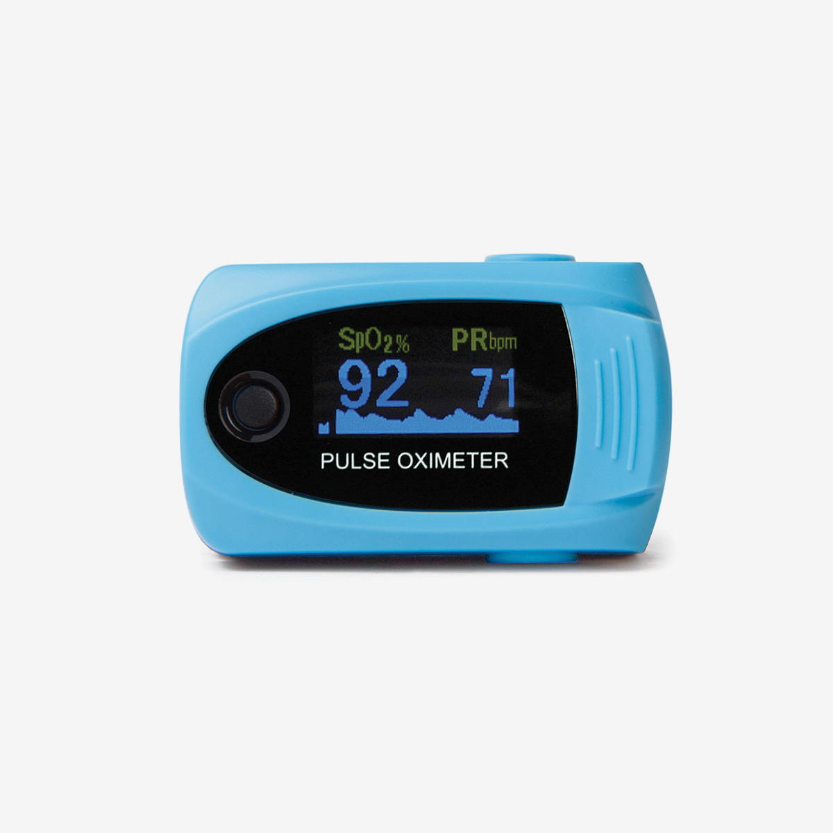Light blue MD300 C63 pulse oximeter on white background