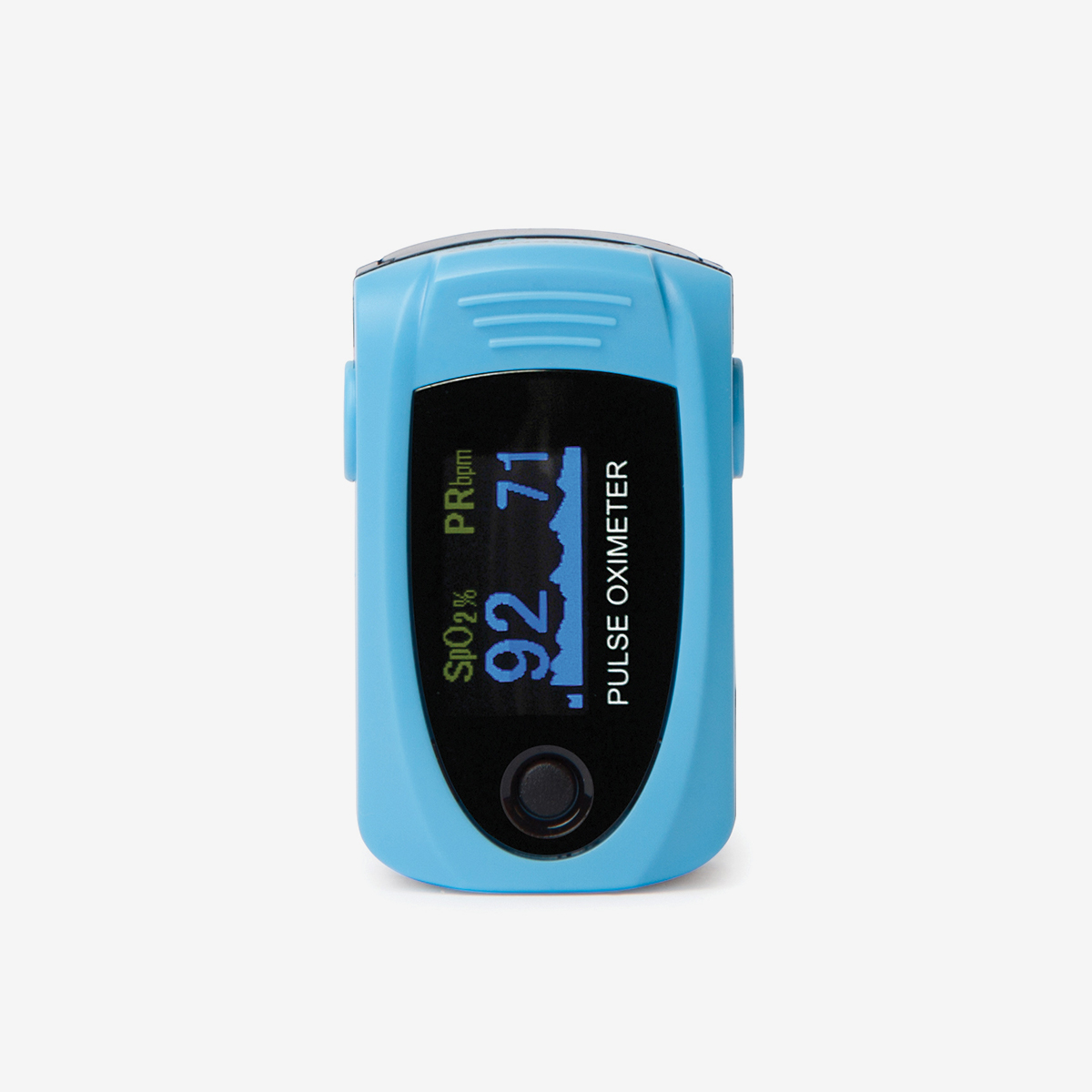 Vertical view of light blue MD300 C63 pulse oximeter on white background