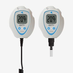Two white and blue MaxO2+ AE oxygen analyzers side by side on white background
