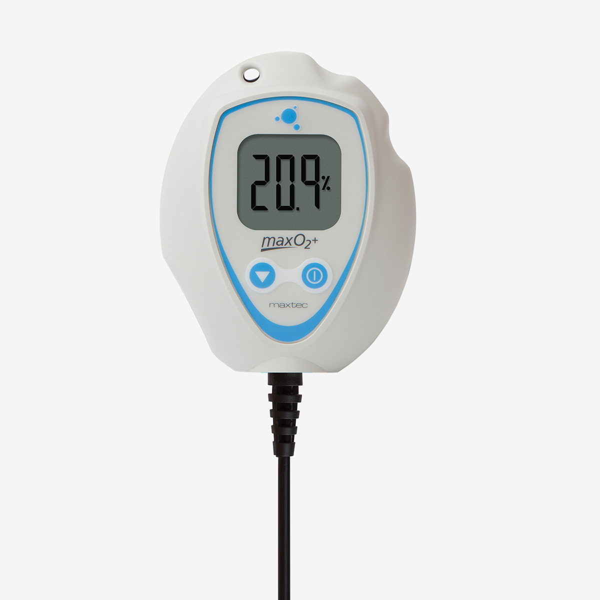 White and blue MaxO2+ AE oxygen analyzer connected to black cable on white background