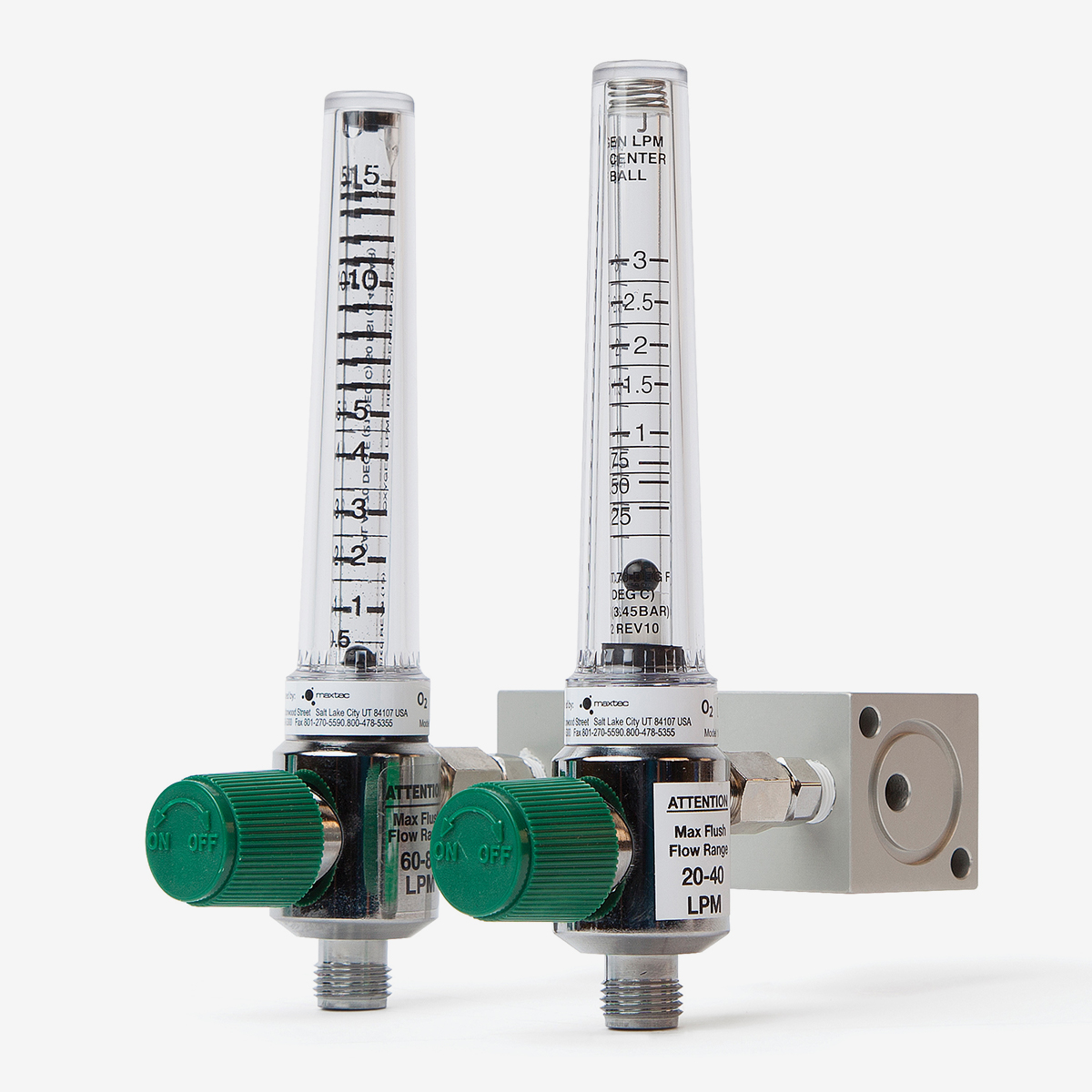 Angle of metal and acrylic Blender Buddy dual scale flow meters with green knobs on white background