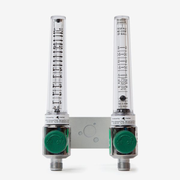 Front of metal and acrylic blender buddy dual scale flow meters with green knobs on white background