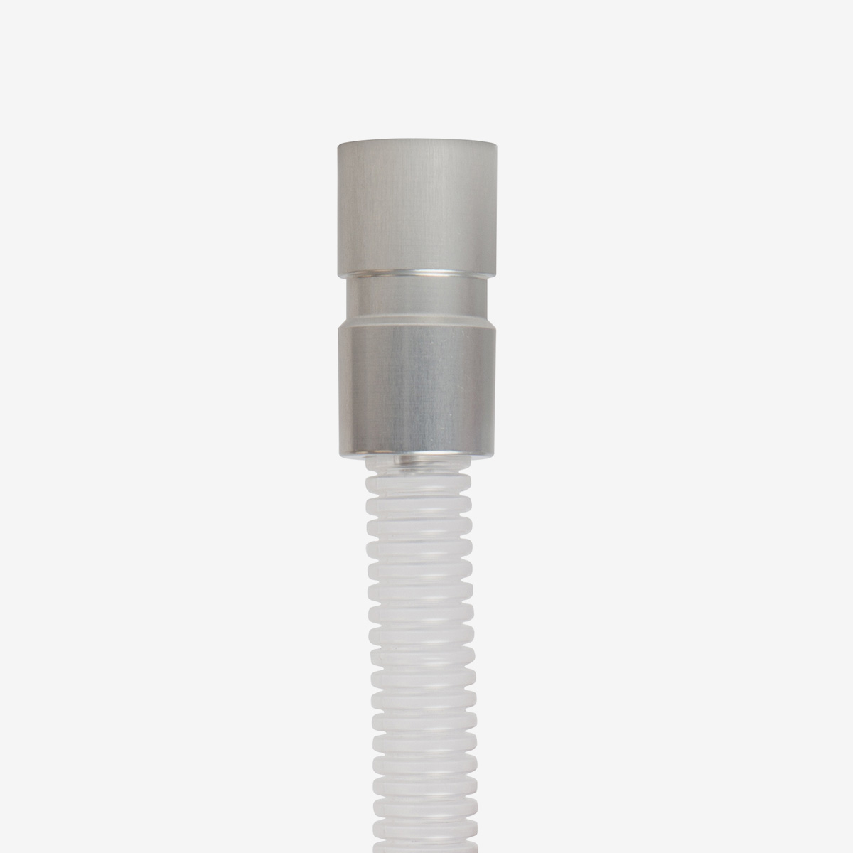 Vertical grey 3-in-1 muffled adapter connected to translucent hose on white background