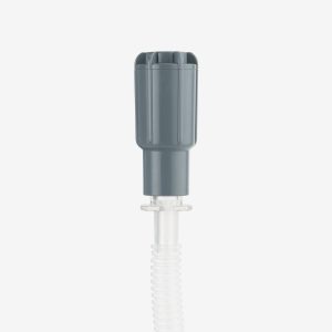 Grey 2-in-1 muffled adapter connected to thin clear hose