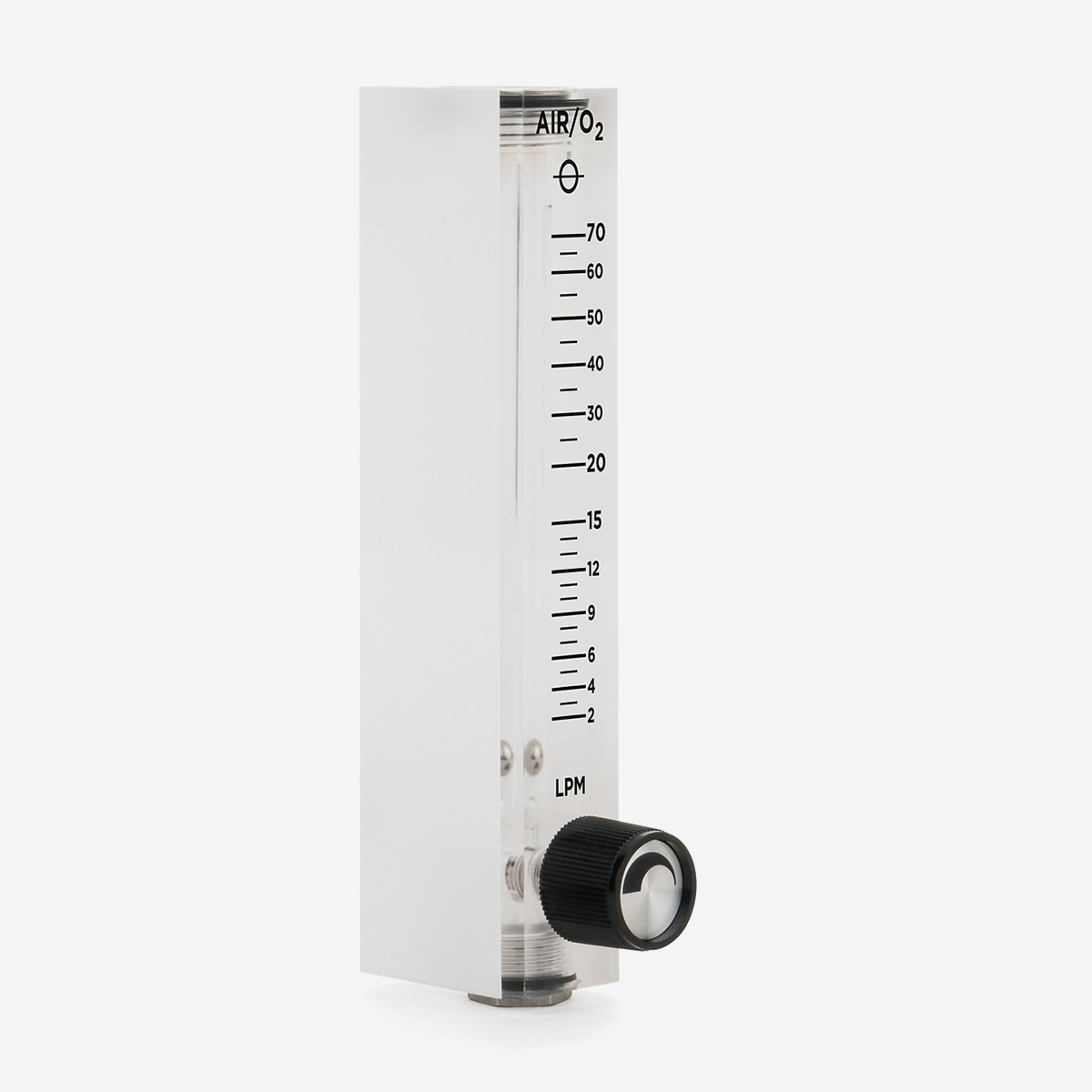 Side angled view of DFB dual scale 0-70 lpm acrylic flow meter with black knob