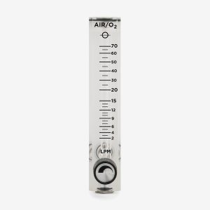 Front view of DFB dual scale 0-70 lpm acrylic flow meter with black knob