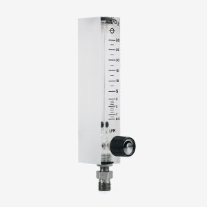 Side angled view of DFB dual scale 0-30 lpm acrylic flow meter with black knob