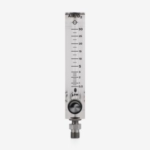 Front view of DFB dual scale 0-30 lpm acrylic flow meter with black knob