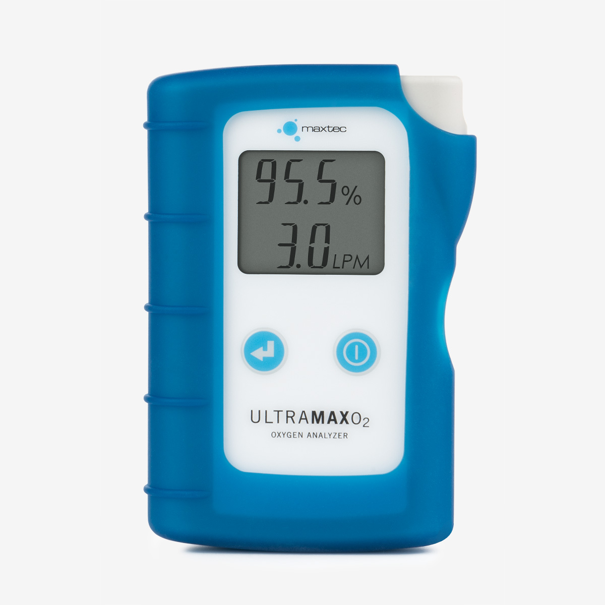 UltraMaxO2 Oxygen Analyzer front with blue silicone case