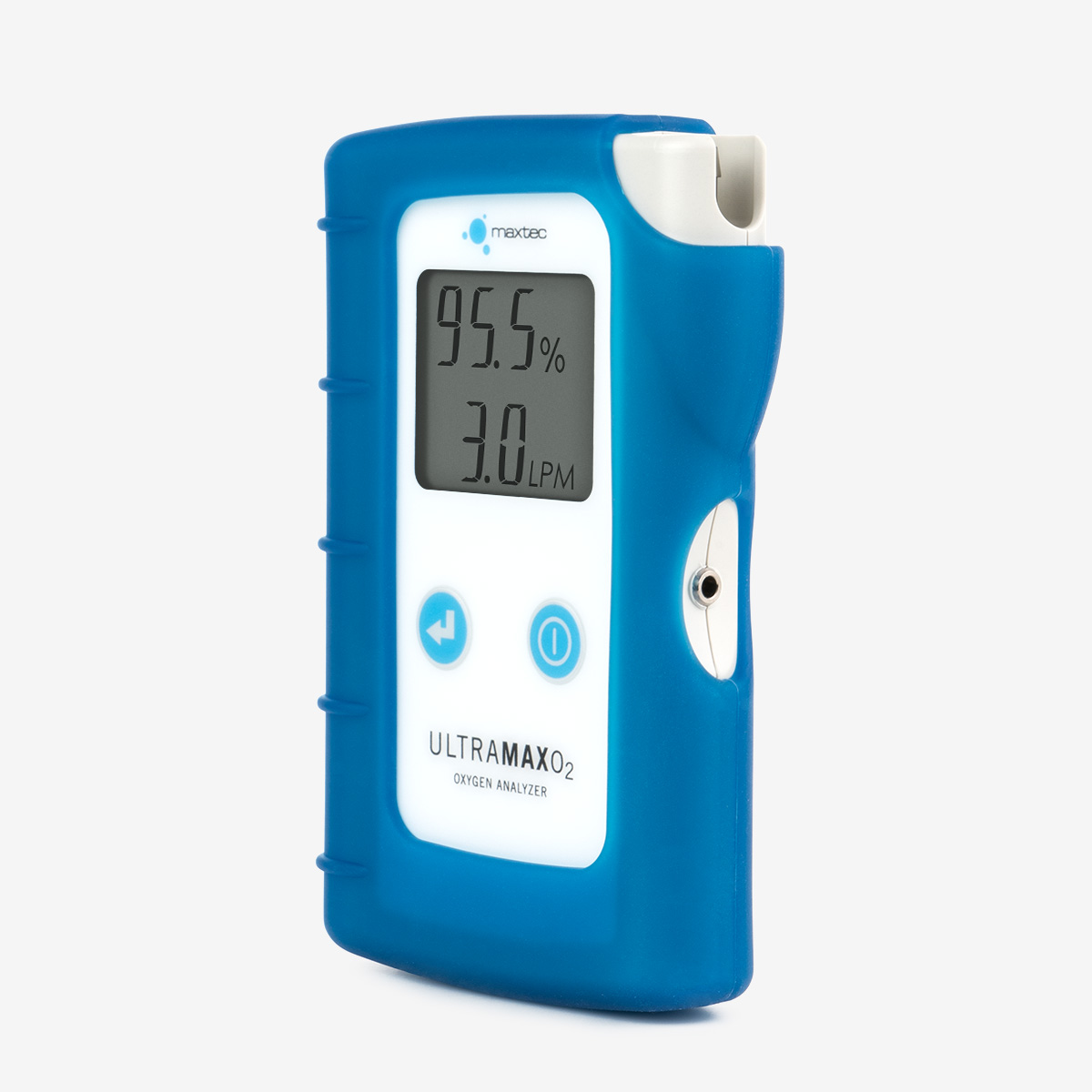 UltraMaxO2 Oxygen Analyzer with blue silicone case angled