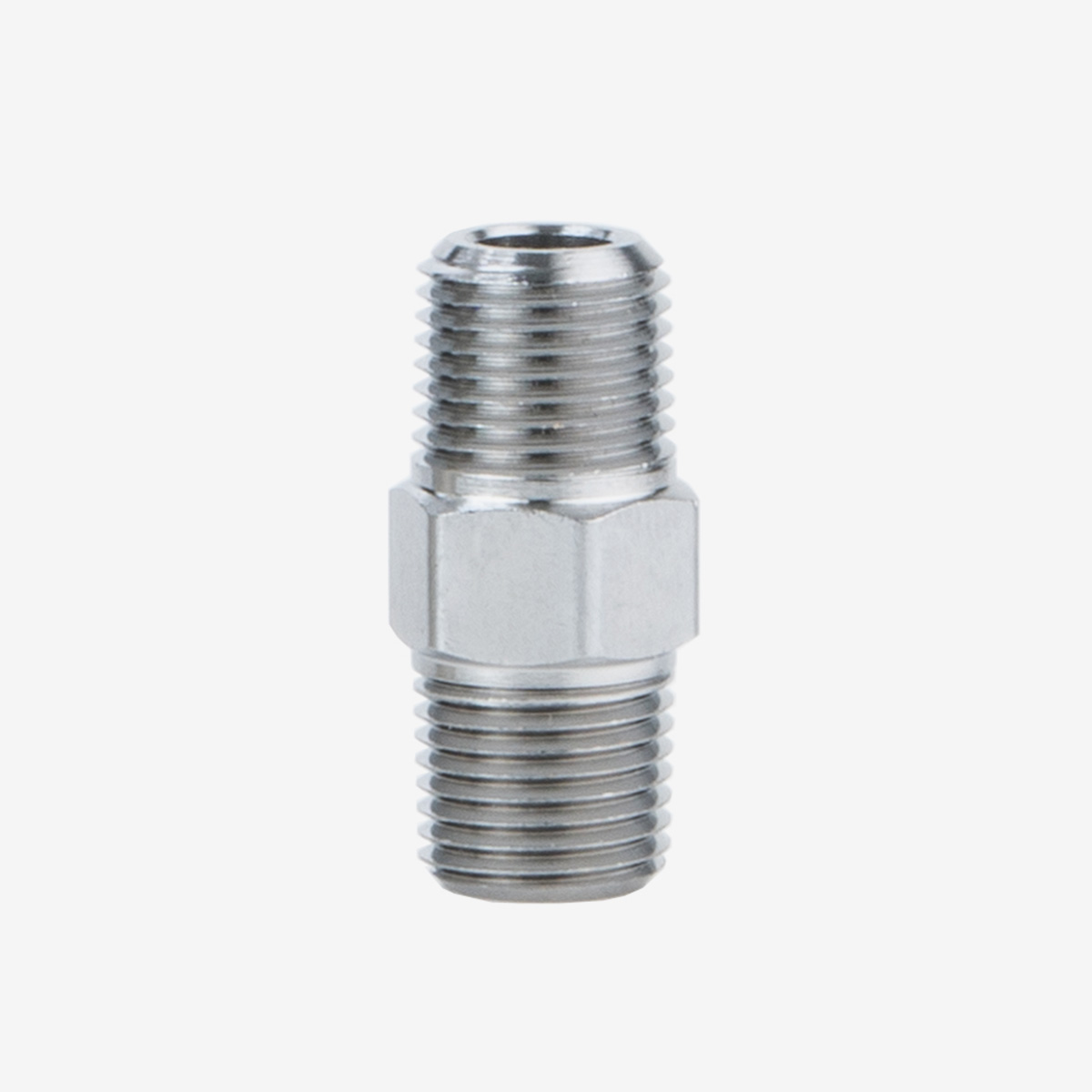 Silver 1/8th inch fitting hex nipple for flow meter manifold on white background