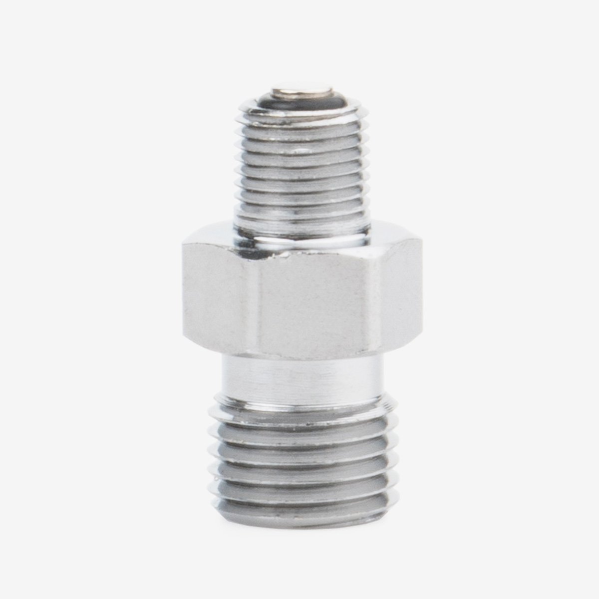 Silver 1/8th inch NPT DISS blender buddy fitting on white background