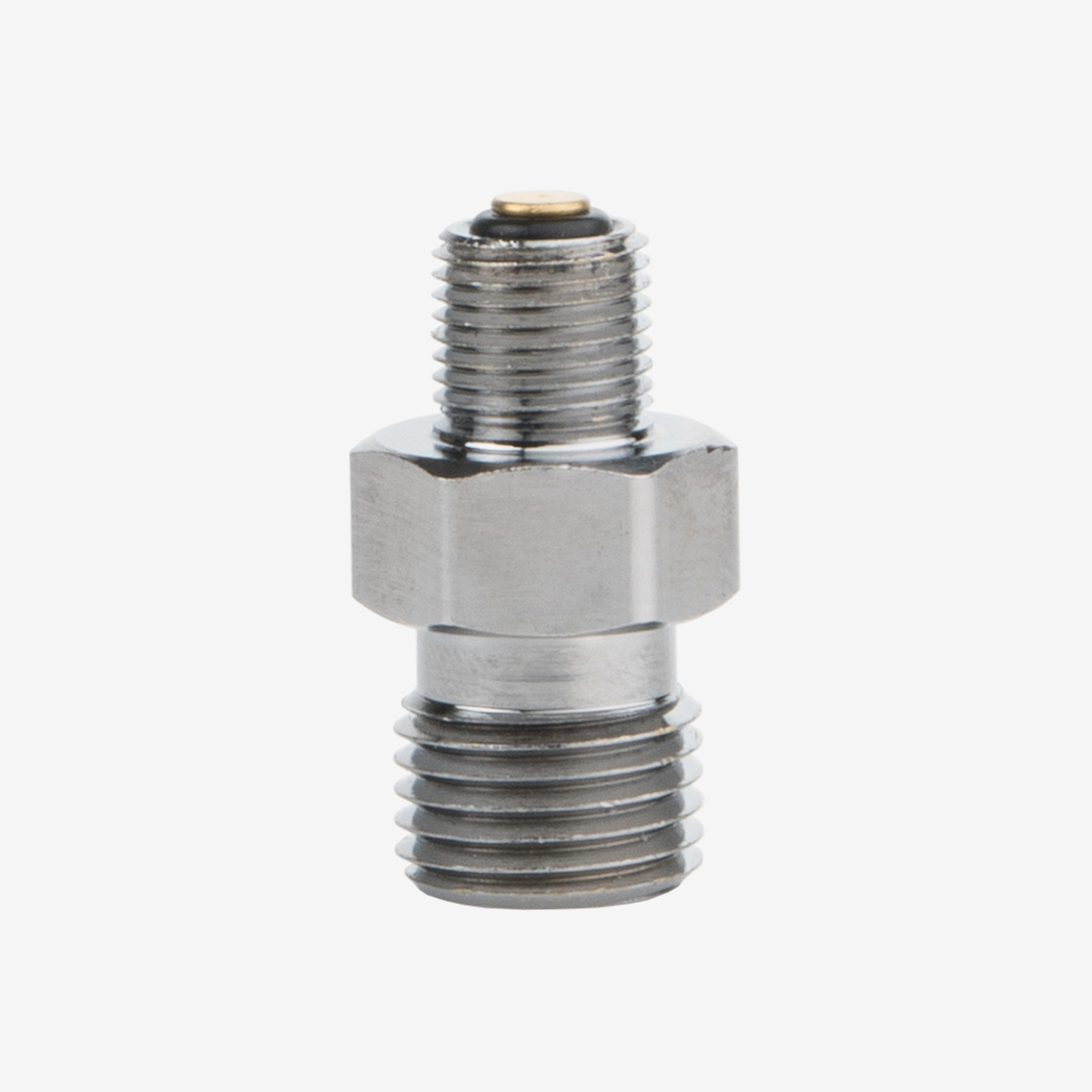Silver one-way check valve DISS oxygen fitting on white background