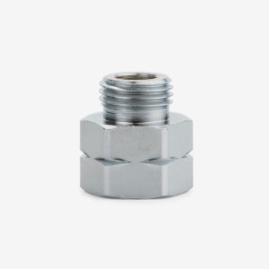 Silver 9/16-18 inch left handed connector on white background