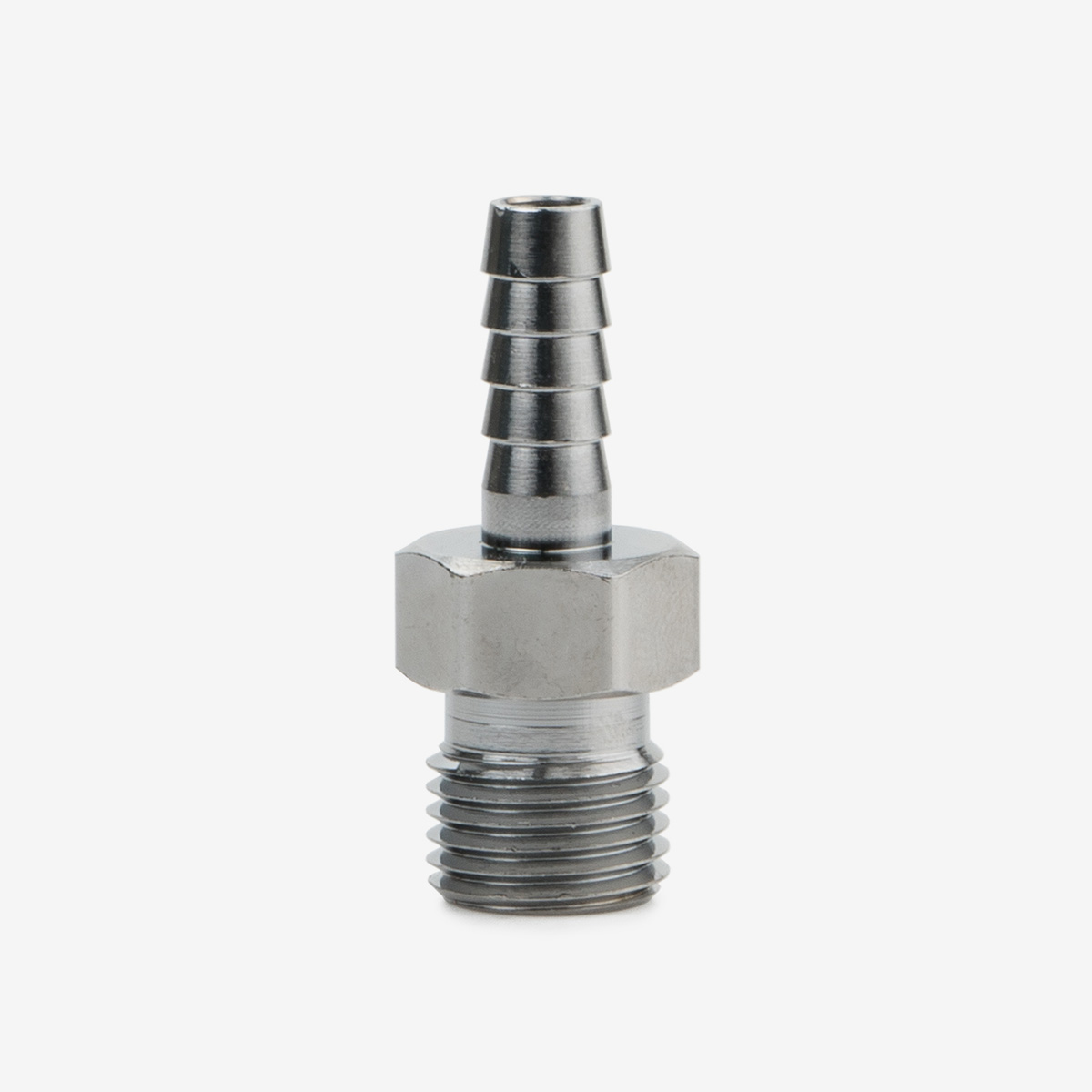 Silver Oxygen hex nut DISS fitting on white background