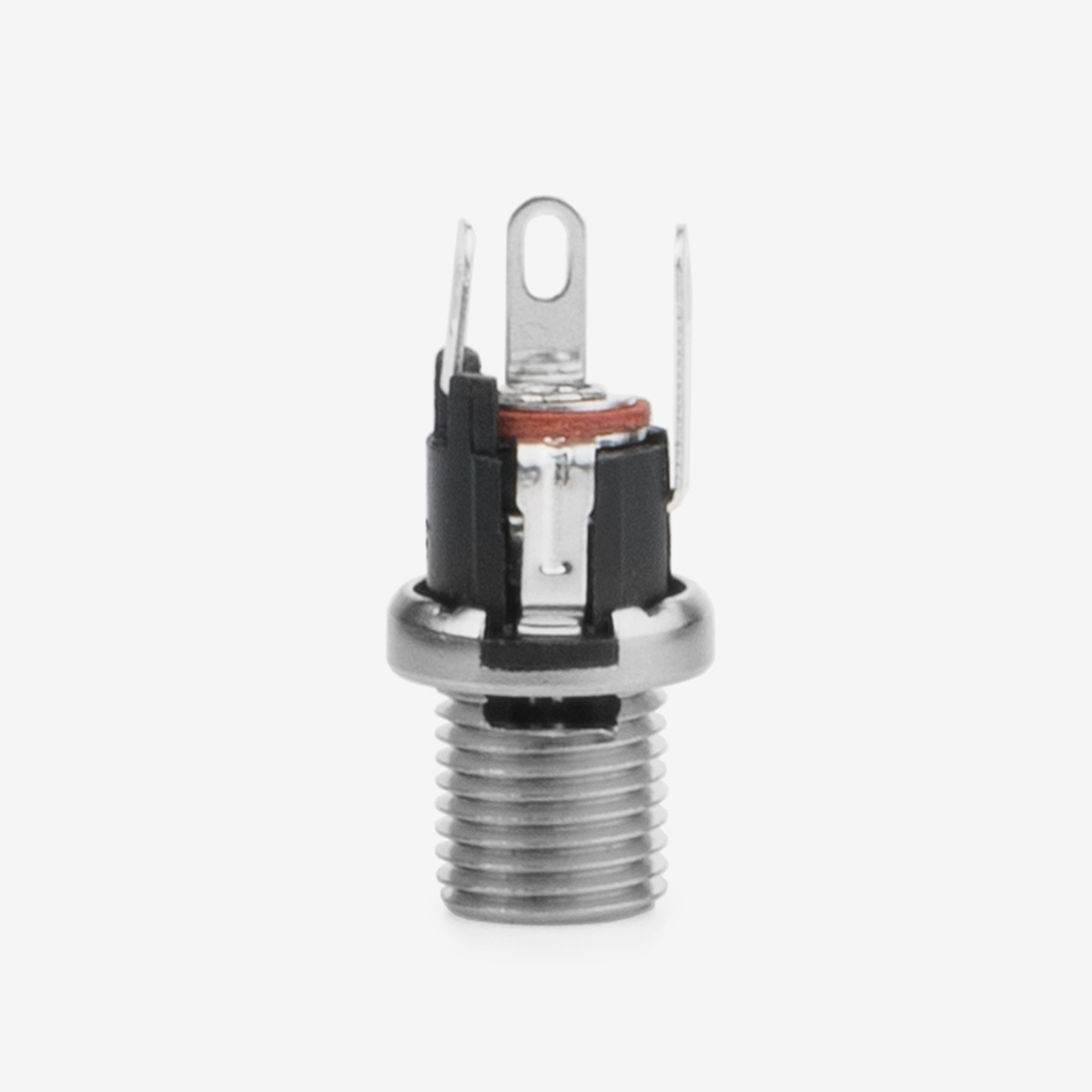 Silver and black DC Powerjack long connector on white background