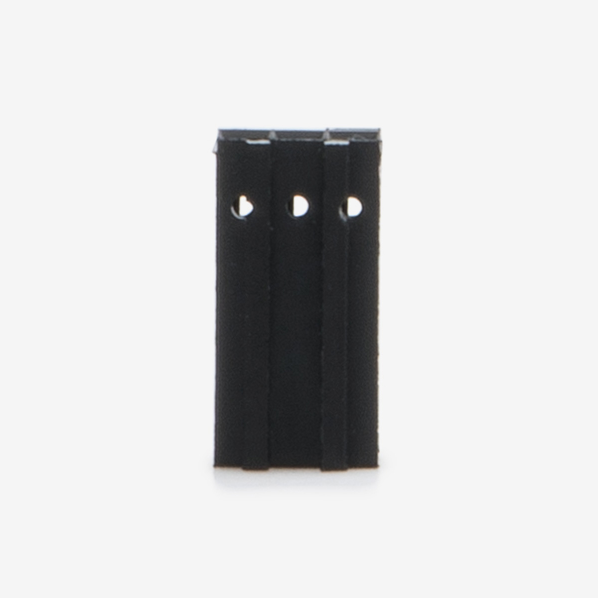 Black 3 position in-line housing connector on white background
