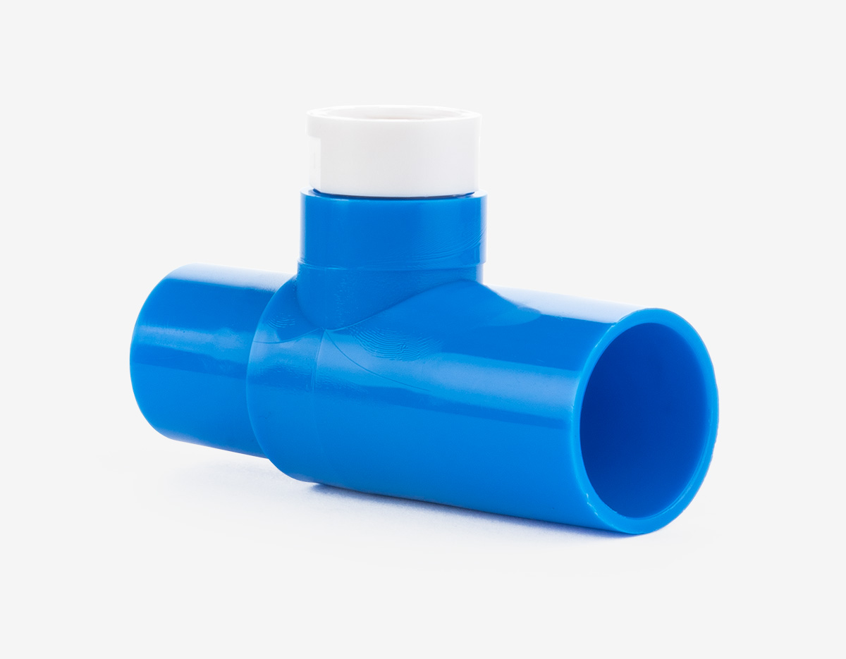 Blue 15mm tee adapter on white background, shown at an angle