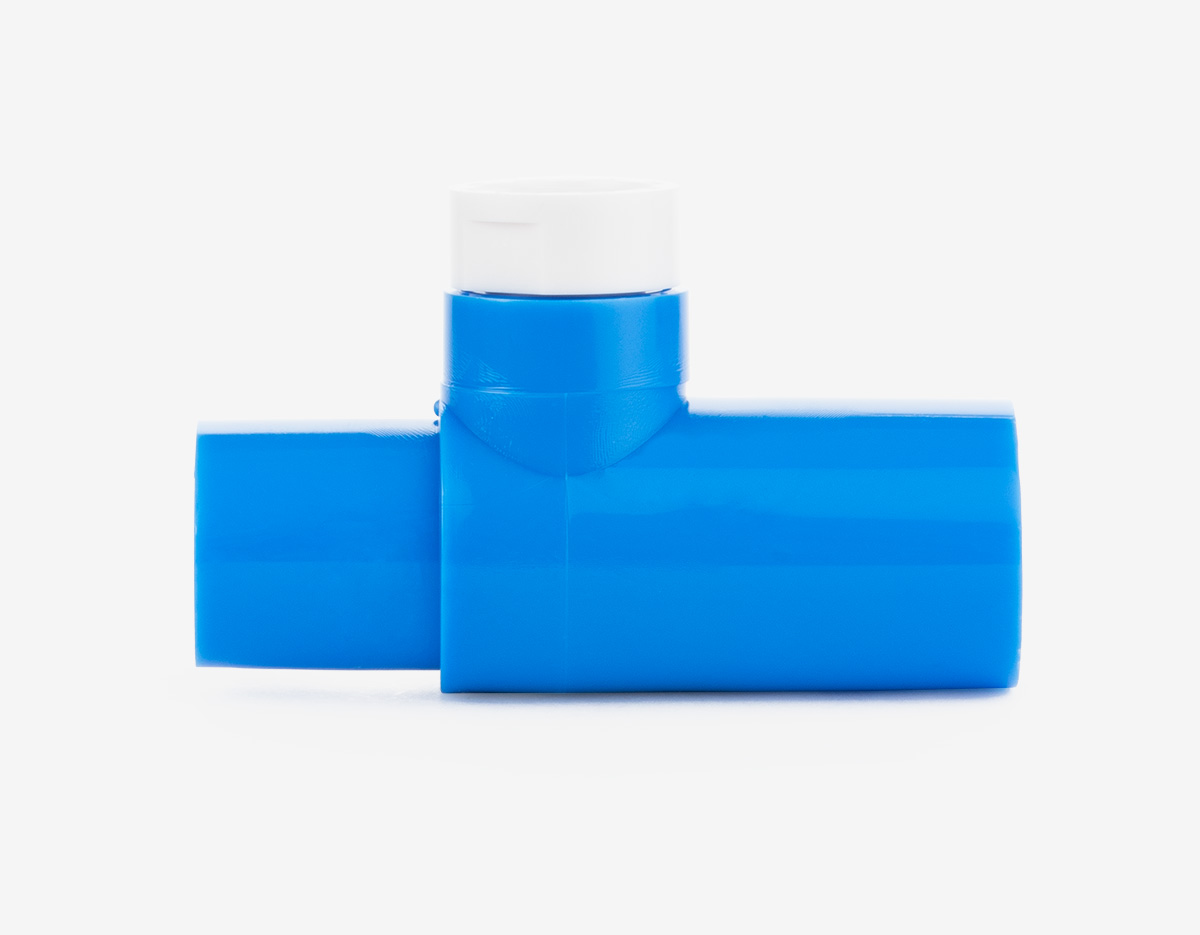 Blue 15mm tee adapter on white background