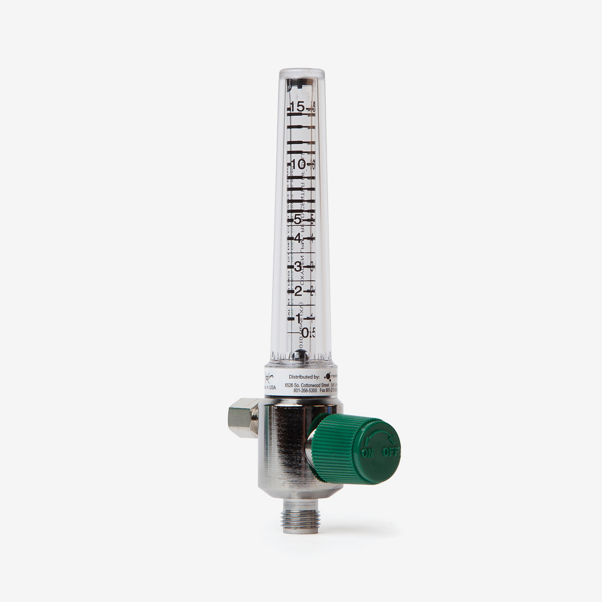 0-15 liters per minute flow meter with green knob on white background, shown at angle