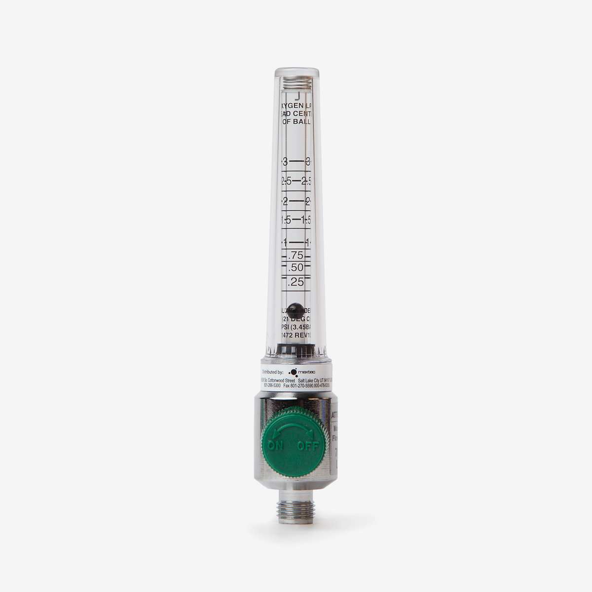 0-3 liters per minute flow meter with green knob on white background