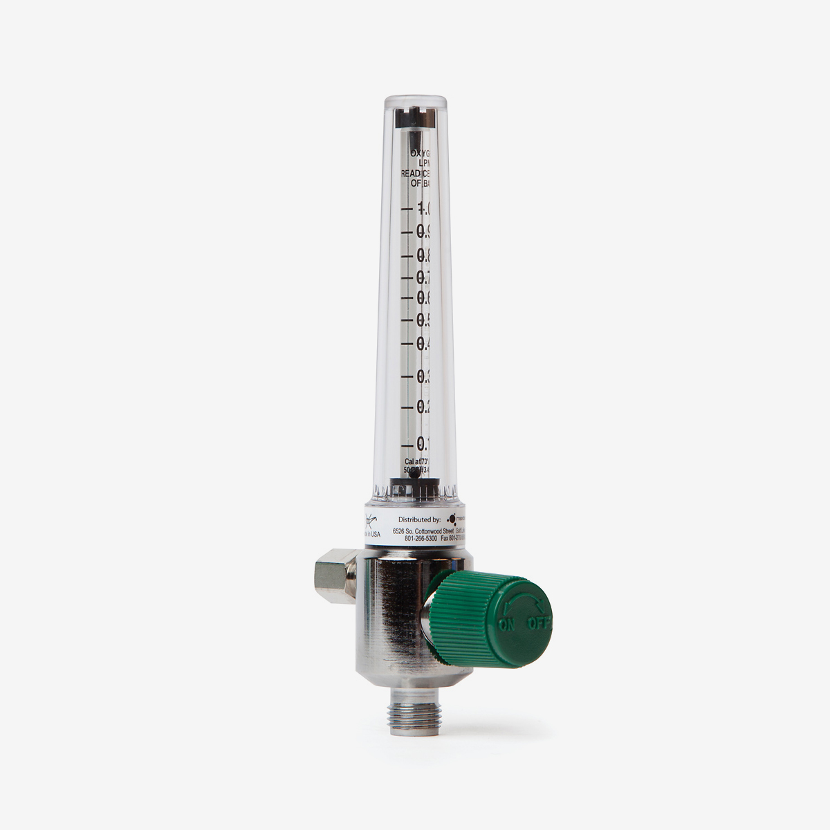 0-1 liters per minute flow meter with green knob on white background shown at an angle