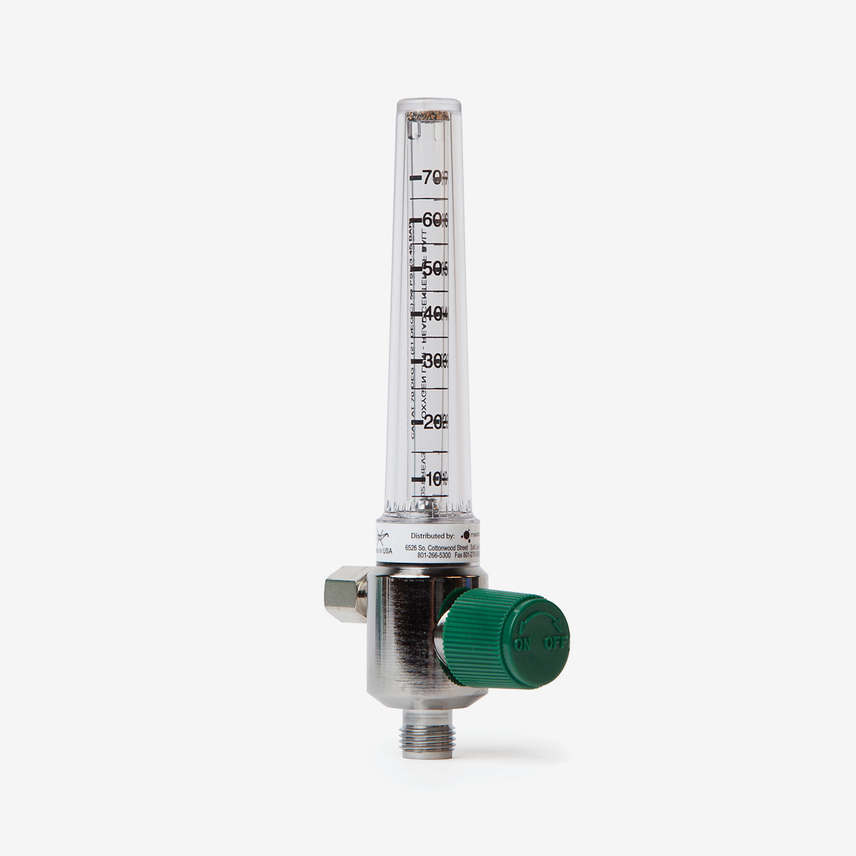 0-70 liters per minute flow meter with green knob on white background, shown at an angle