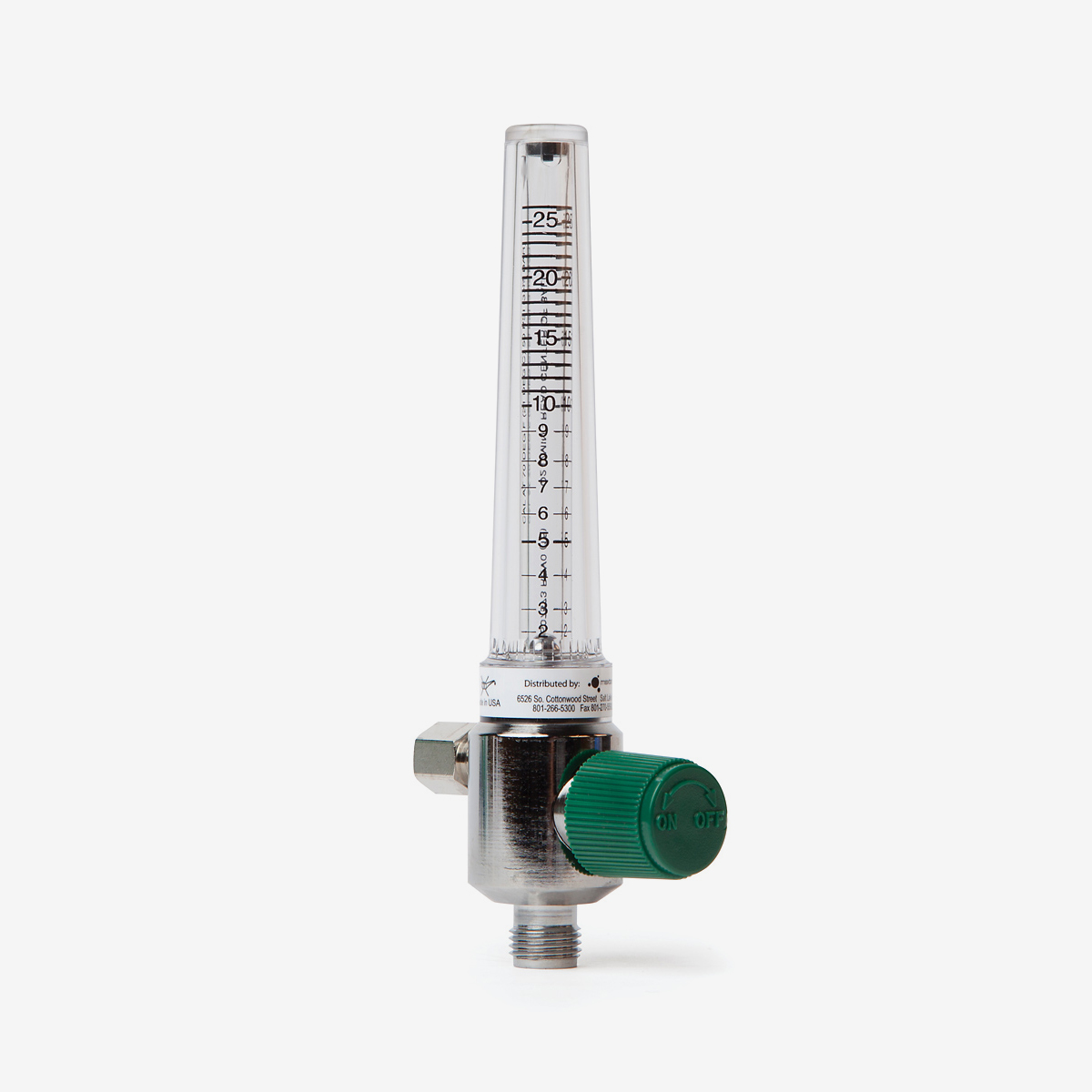 Angled view of 2-26 lpm flow meter with green knob