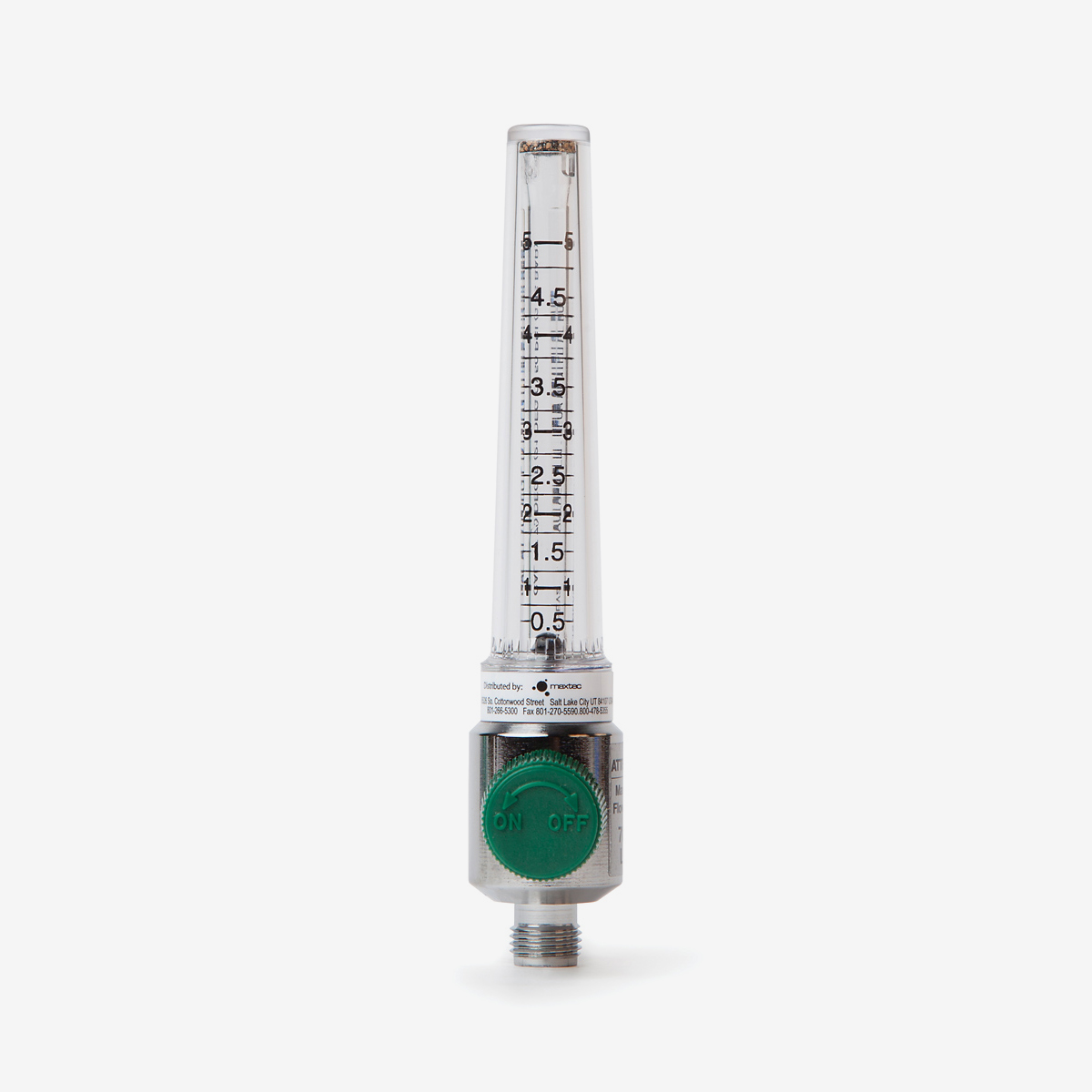 Front view of 0-5 lpm flow meter with green knob