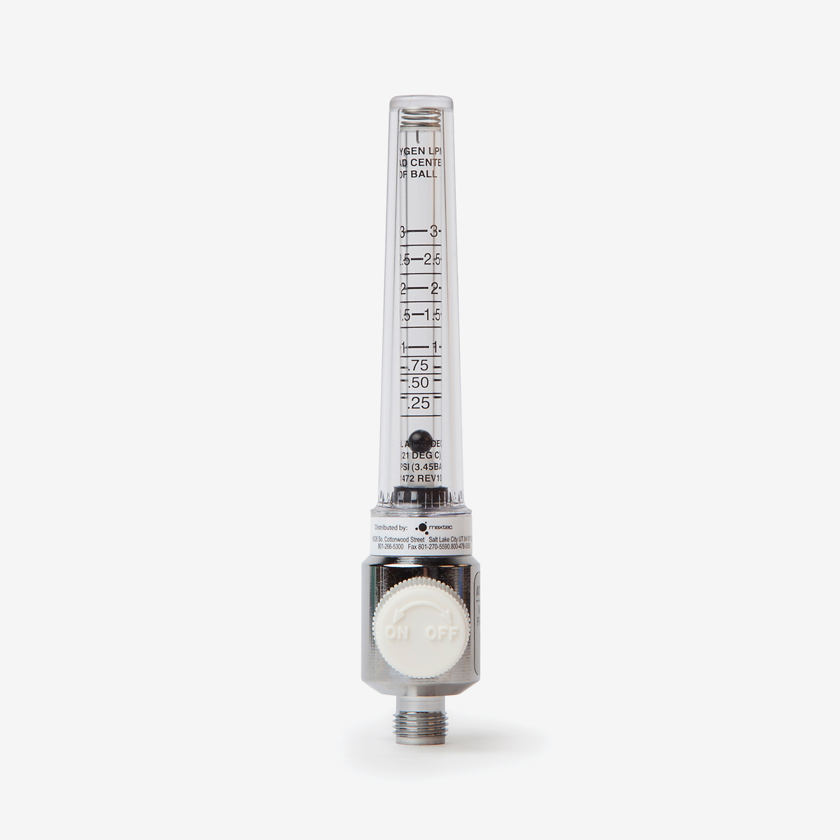 Front view of 0-70 lpm flow meter with white knob