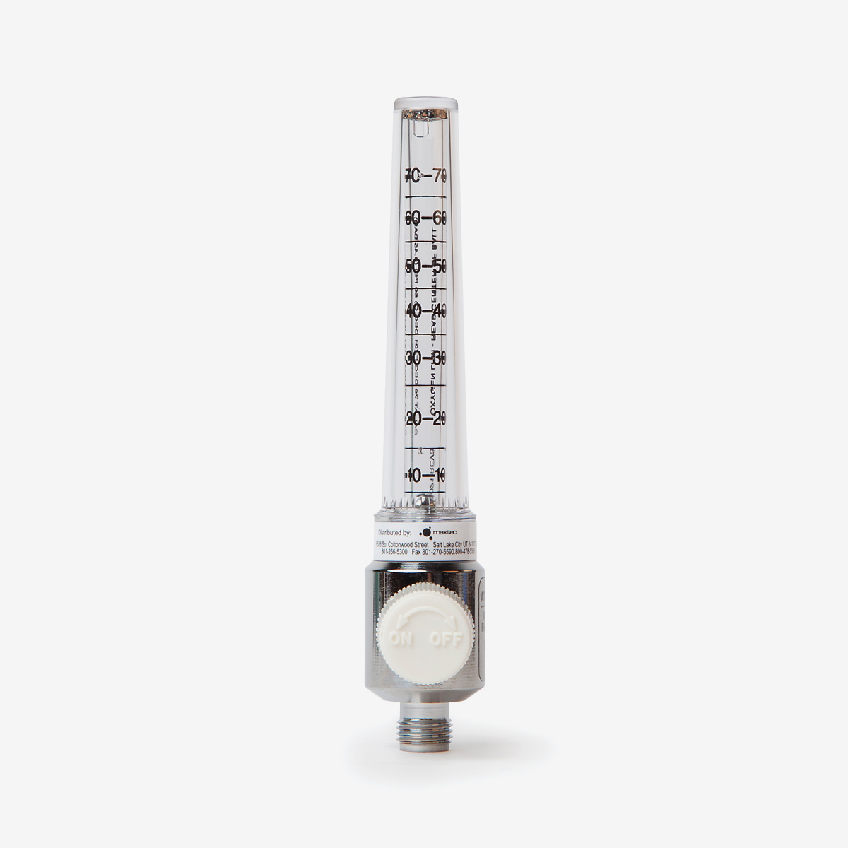 0-70 liters per minute 60 psi flow meter with white knob on white background